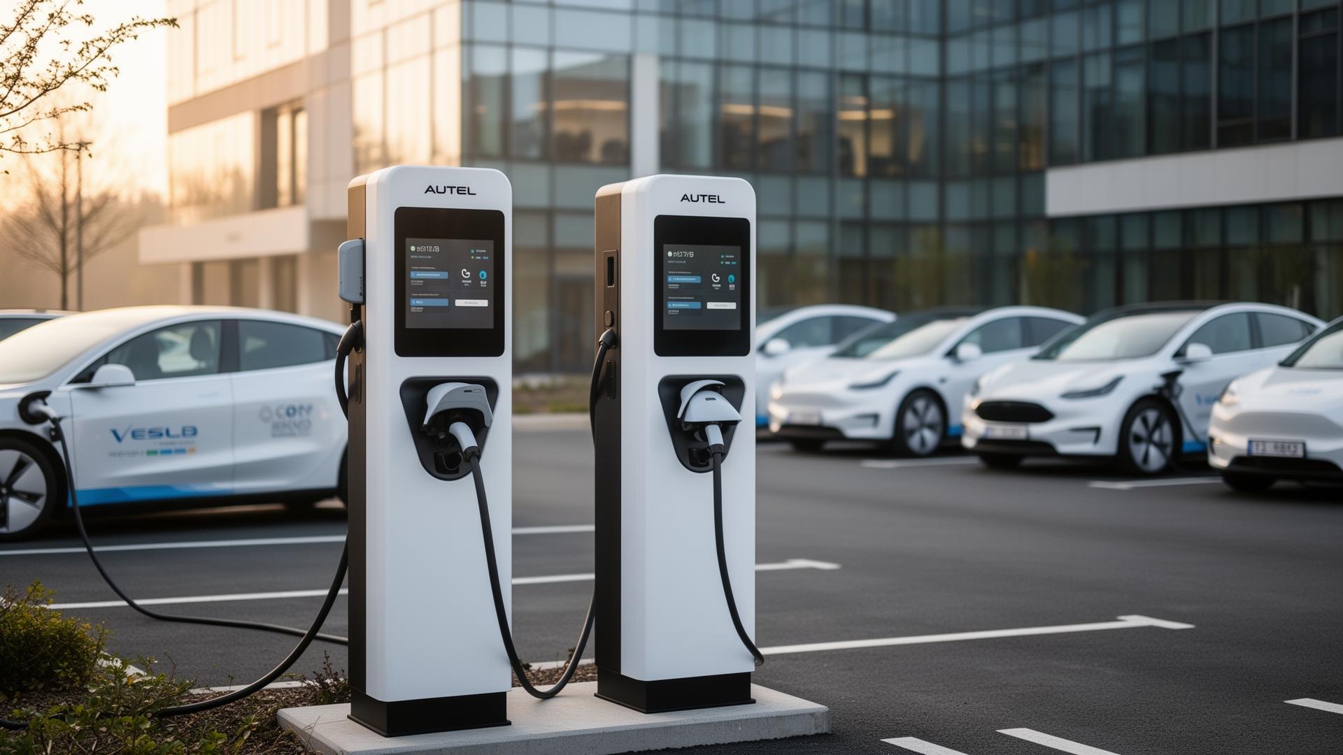 Autel AC laadpalen op een bedrijfsparking met elektrische bedrijfswagens